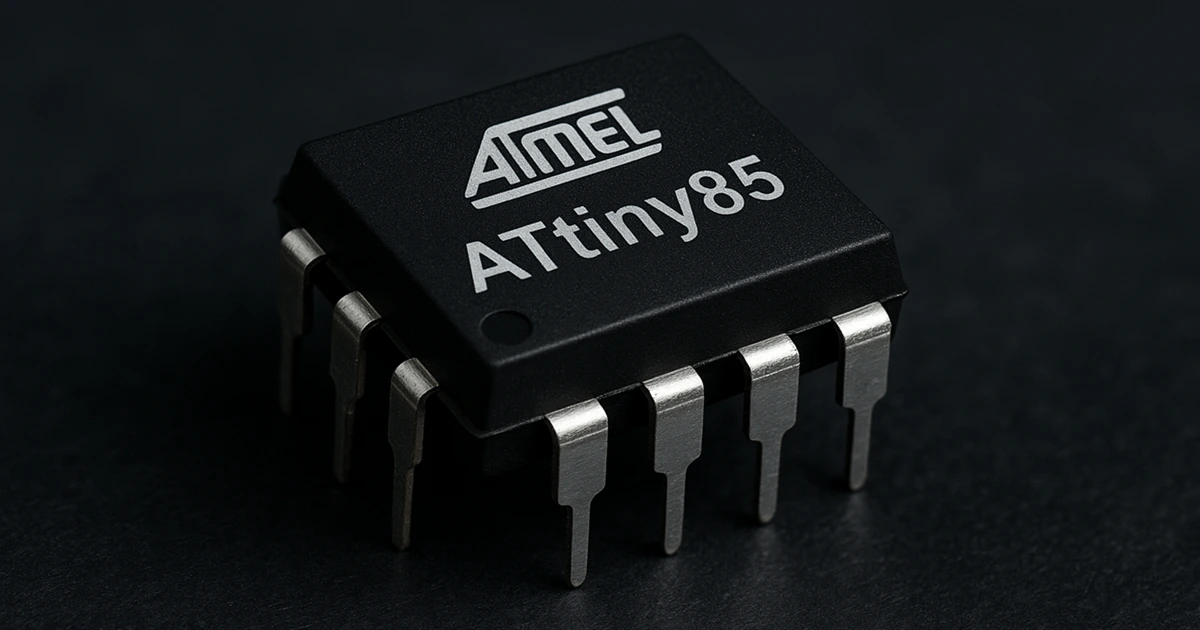 Microcontroler ATtiny85 în capsulă DIP-8, folosit în proiecte hobby de electronică.